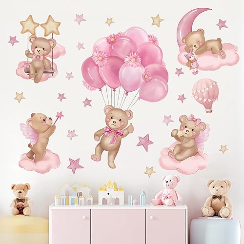 Miniatura 3 de wondever Calcomanías de pared de globo rosa con oso, globo aerostático, animales, nubes, estrellas, despegar y pegar, calcomanías artísticas de