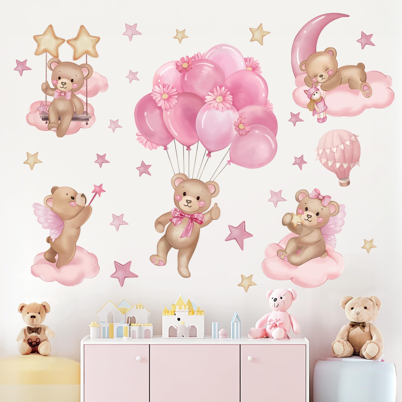 wondever Pink Balloon Bear Wall Stickers Hot Air Balloon Animals Clouds Stars Peel and Stick Wall Art Decals for Baby Nursery Kids Girls Bedroom - Image 3
