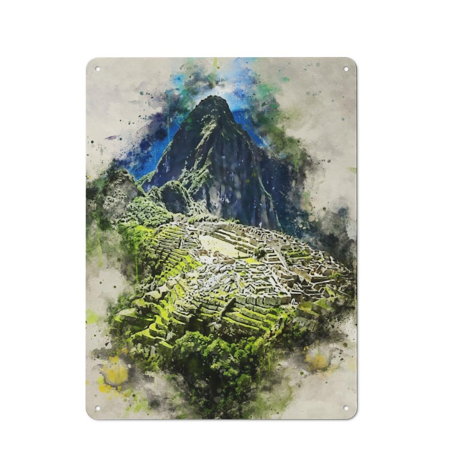 Junmoney Machu Picchu In Watercolor Rustic Metal Plaque 40X30cm For Guest Room Or Hallway, For Home Interiors, Feature Walls And Decorative Displays