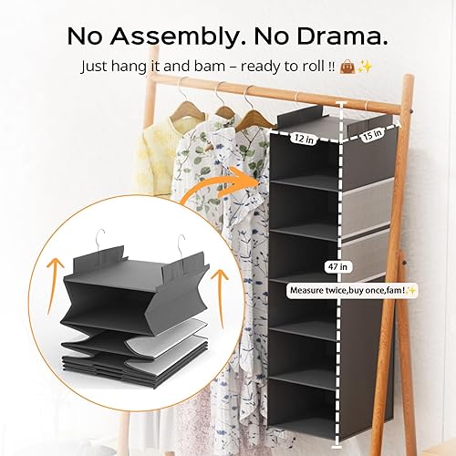 Miniatura 4 de Organizador de armario colgante extra profundo con 6 estantes y bolsillos de malla de gran tamaño, estructura resistente, no se deforma,