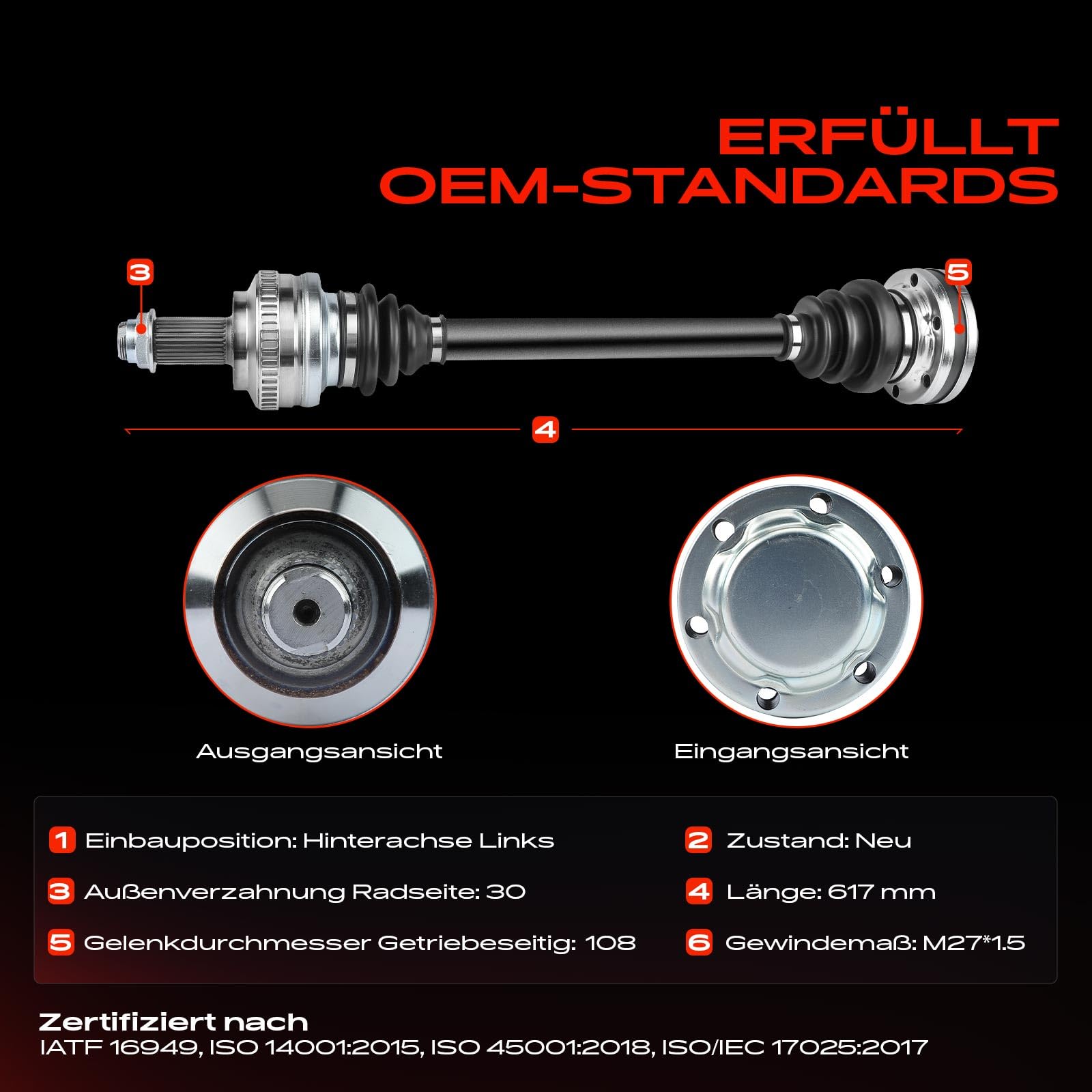 Frankberg Eje motriz Eje de transmisión Caja de cambios manual Eje trasero Izquierda con ABS-Ring Compatible con Serie 3 Cabriolet E46 M3 Z4 Cupé E86 M Replace# 33202229727