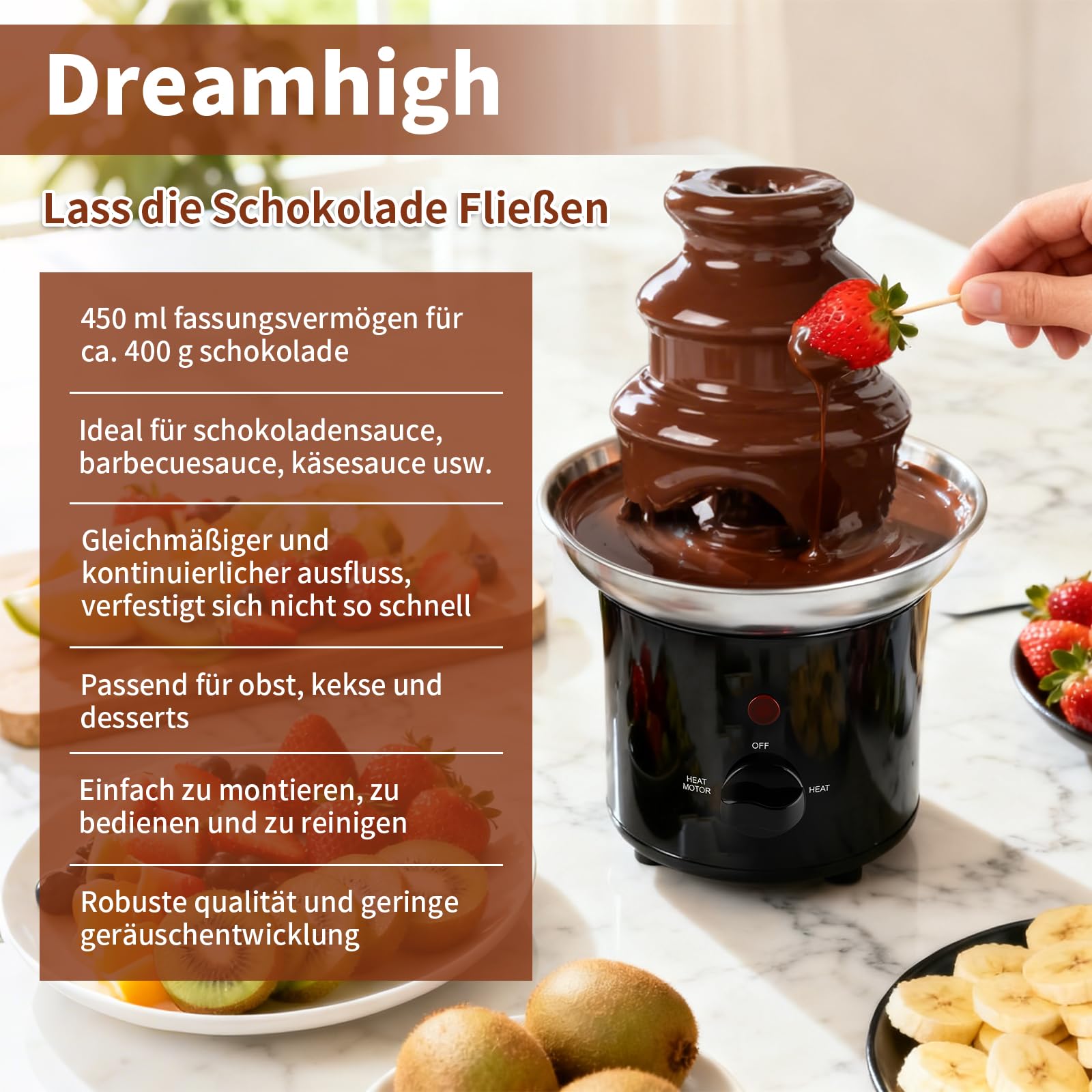 Dreamhigh® Schokoladenbrunnen 3-Stufig, 450ml Schokobrunnen Klein, Chocolate Fountain, Effiziente Heizung, Leicht zu Reinigen, für Geburtstage, Party, Familienversammlungen, Weihnachten, Silvester