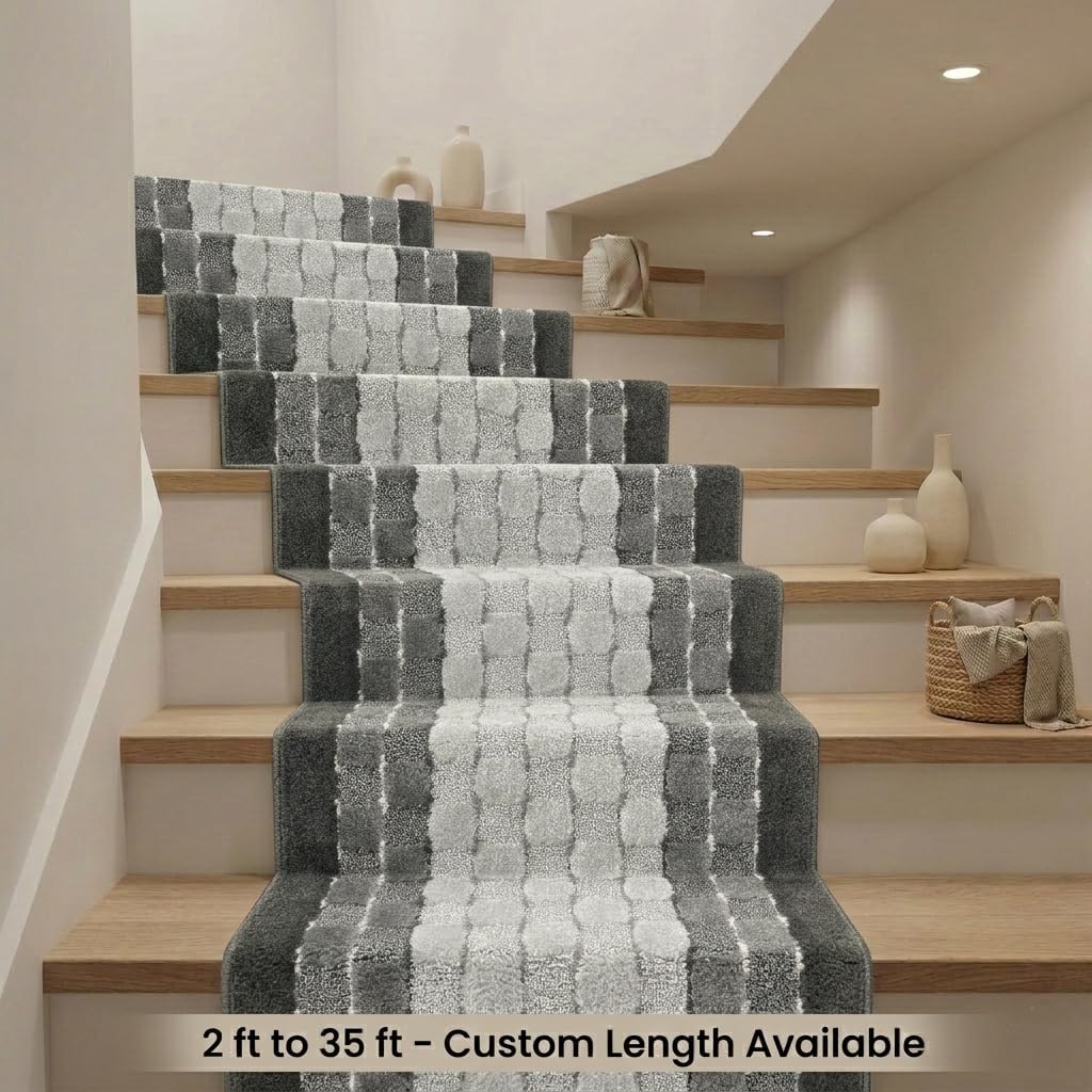 Non Slip Washable Carpet Runner Rug, Custom Floor Mat for Kitchen Hallway Stairs Bedroom Bathroom Entry, Rubber Backing, Checkered Anthracite Grey, Your Choice of Length, 26 Inch X 6 feet
