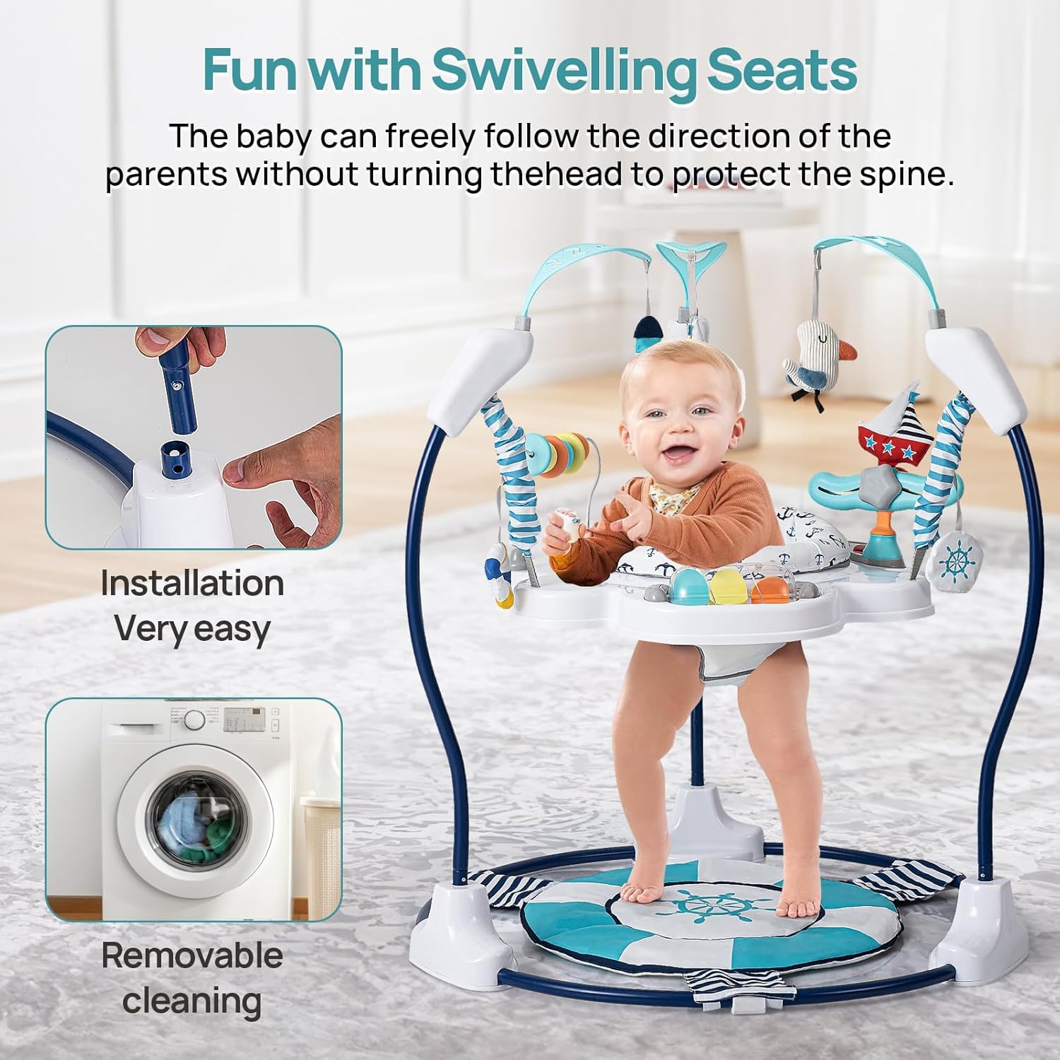 LADIDA Stationäres Aktivitätszentrum für Babys, Babywippe, springend, 360 °, mit Musikspielzeug und verstellbaren Höhen (Marineblau)