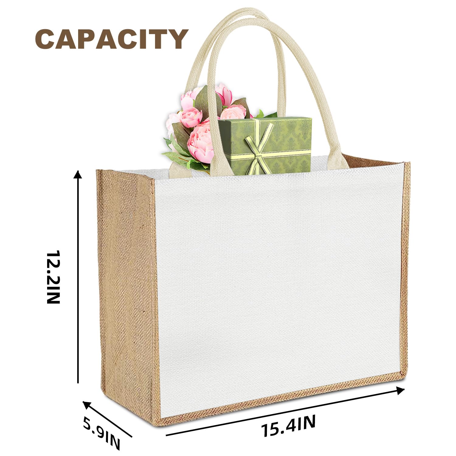 12 bolsas de mano con asa para dama de honor, recuerdos de boda, bolsa de regalo de bienvenida a granel reutilizable para compras en la playa, Yute y blanco, 12.2'' x 5.9'' x 15.4''