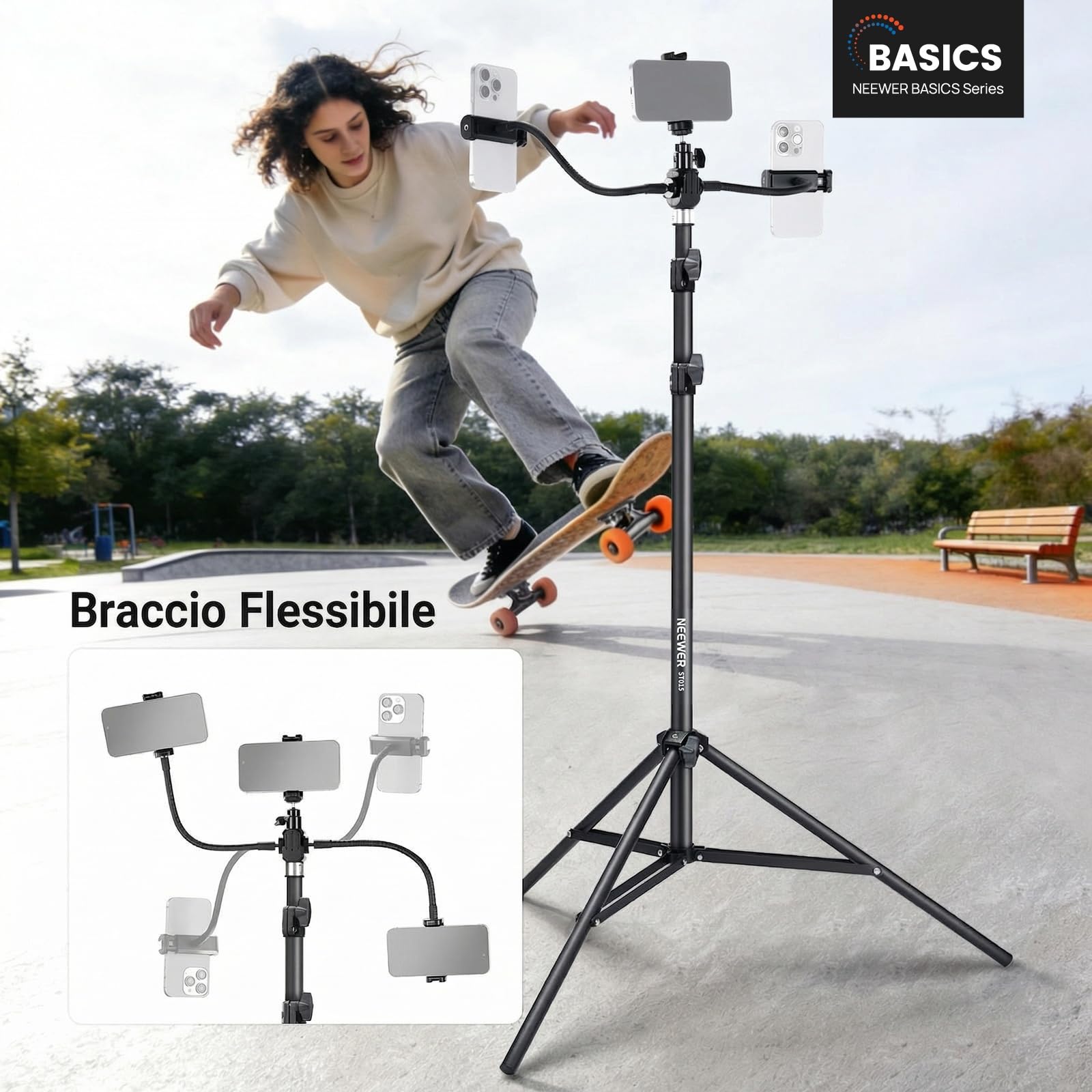 NEEWER BASICS Cavalletto Treppiede Smartphone con Due Bracci Flessibili, Clip Porta Cellulare Regolabile Alluminio per Tavolo Ufficio Comodino Compatibile con iPhone Samsung Android per Video, ST015