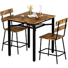 Hooseng 3 Piece Bar Table and Chairs Set, Counter Height Small Dining Table with 2 Bar Stools, Farmhouse Square Kitchen Table with Storage for Bistro, Pub, Small Space