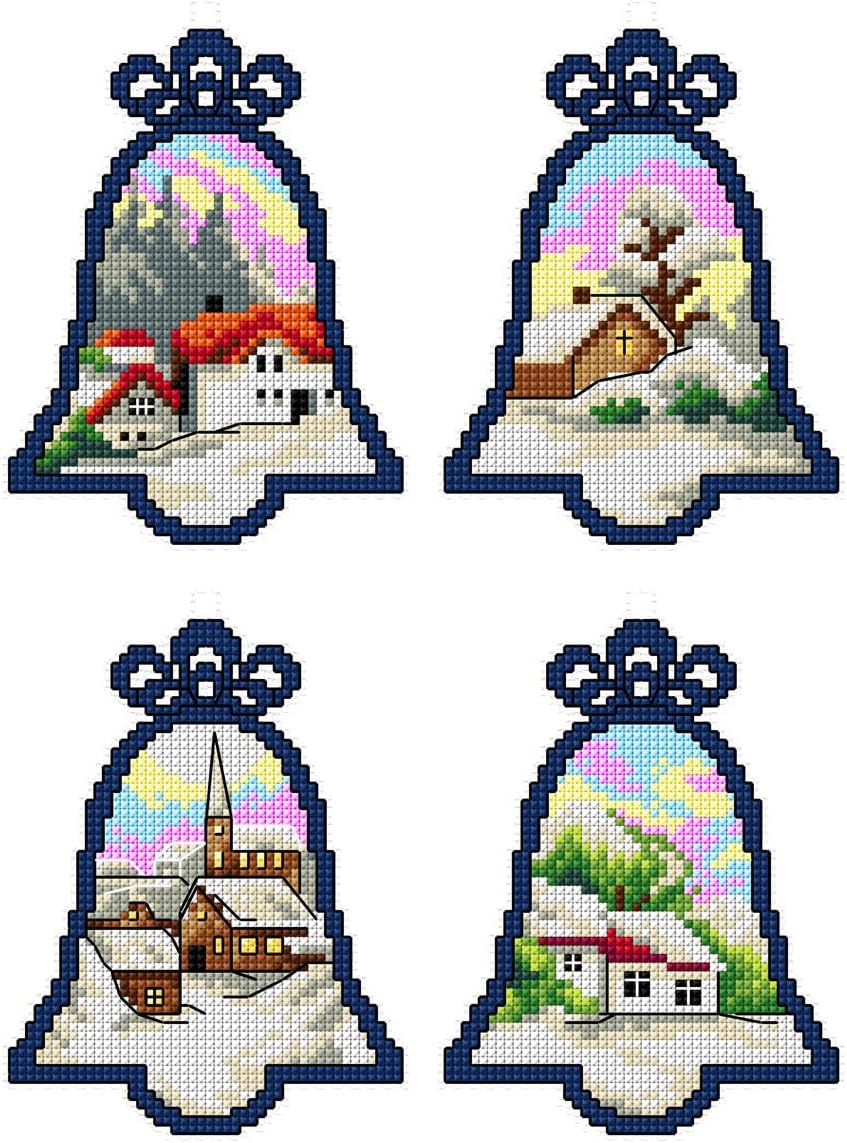 Counted Cross-Stitch Kit on Plastic Canvas with Christmas Bells. 4 Fascinating Ornaments Different Dimensions 152CS. Fantastic for Art & Craft Amateurs