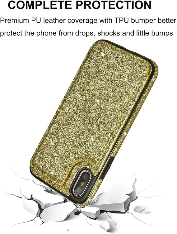 UEEBAI Case for iPhone Xs Max, Premium Glitter PU Leather Case Back Wallet Cover [Two Magnetic Clasp] [Card Slots] Stand Function Durable Shockproof Soft TPU Case for iPhone Xs Max - Gold