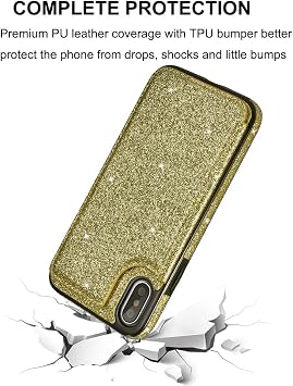 UEEBAI Case for iPhone Xs Max, Premium Glitter PU Leather Case Back Wallet Cover [Two Magnetic Clasp] [Card Slots] Stand Function Durable Shockproof Soft TPU Case for iPhone Xs Max - Gold