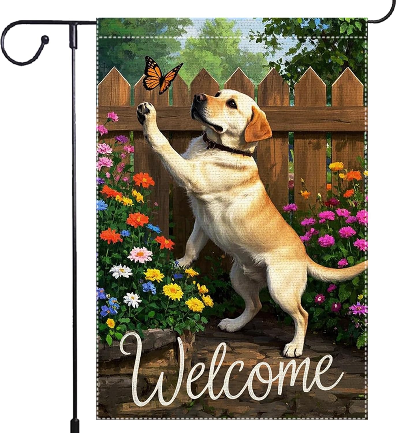 Welcome Spring Summer Garden Flag 12x18 Inch Double Sided Small Butterfly Labrador Retriever Seasonal Wildflowers Burlap Decor Rustic Farmhouse Home Yard Lawn Decoration RMQ-497