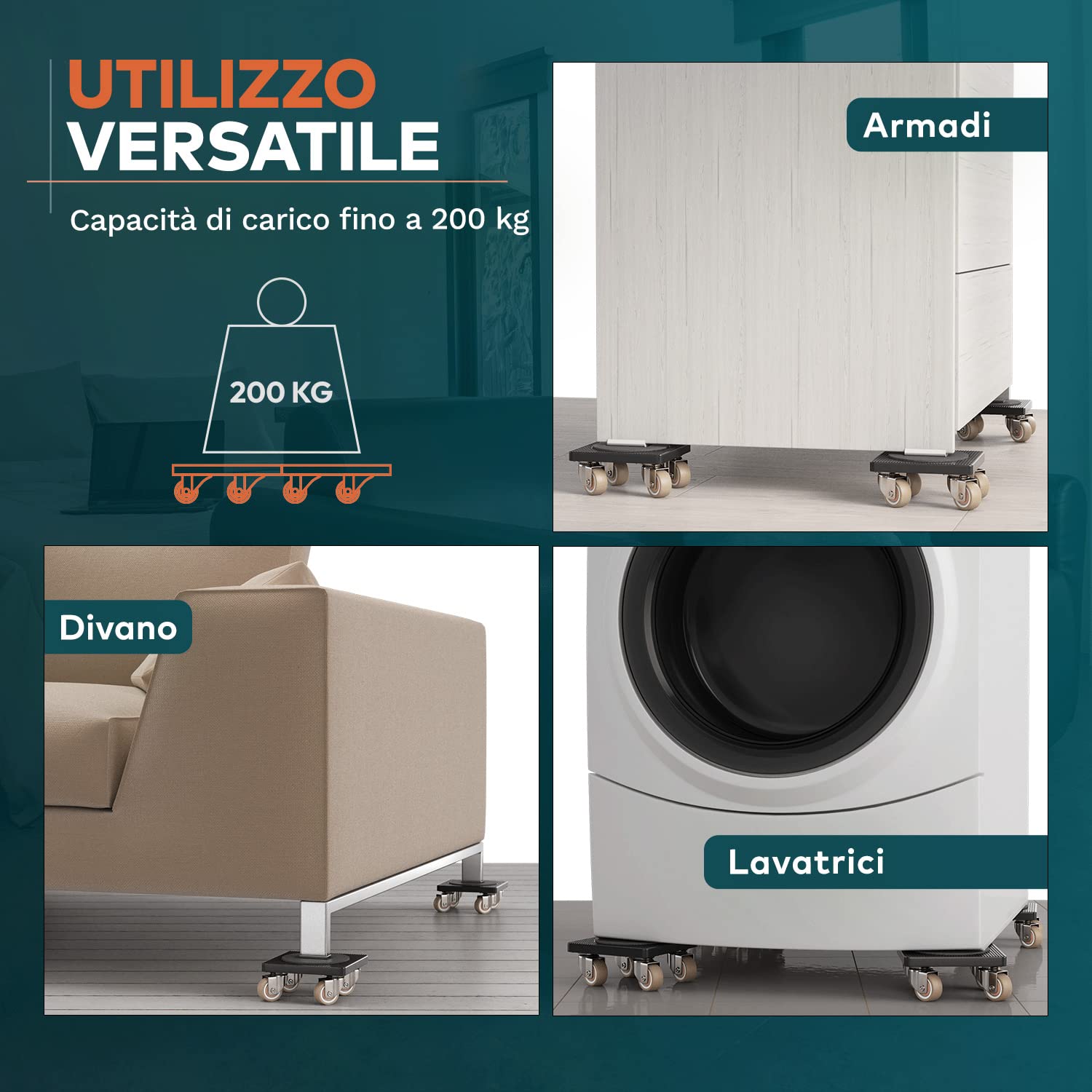 L'innovativo sollevatore mobili di FAIRMO (Con freni) - 4 ruote per mobili e 1 sollevatore mobili (incl. cuscinetti antiscivolo) - Ruote rivestite in TPE - Set con ruote per spostare mobili