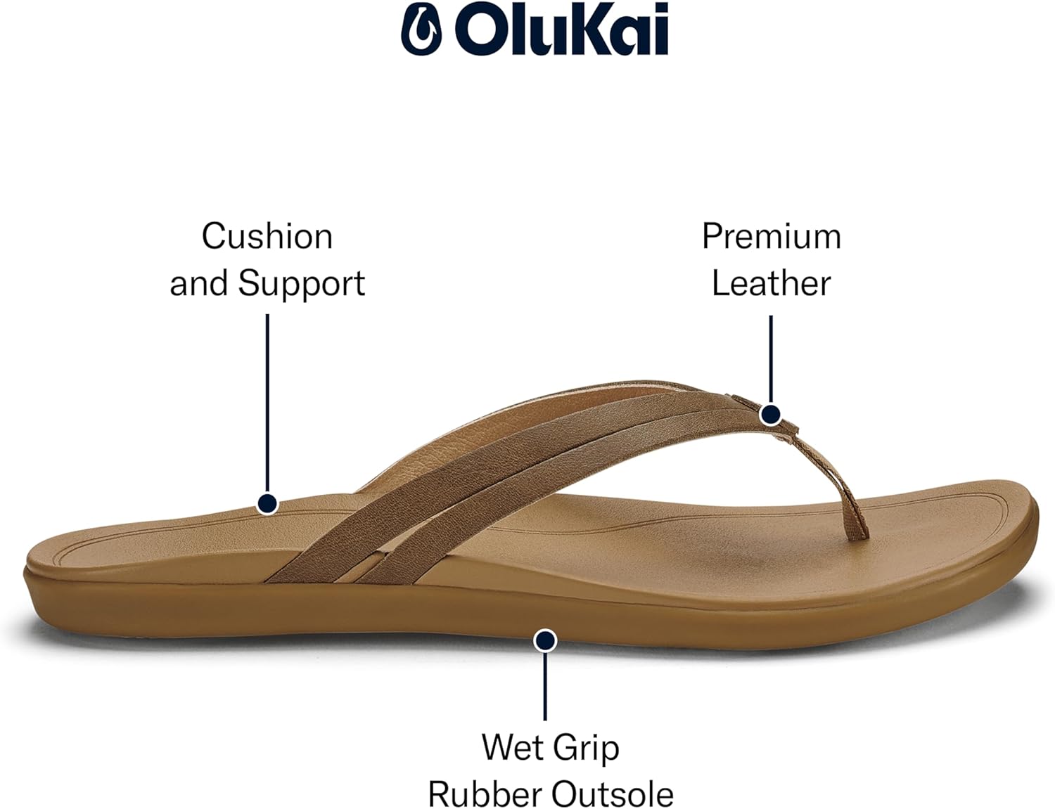 OLUKAI Ho'opio Hui Women's Leather Sandals, Flip Flops for Everyday Wear, Arch Support & Comfort Fit