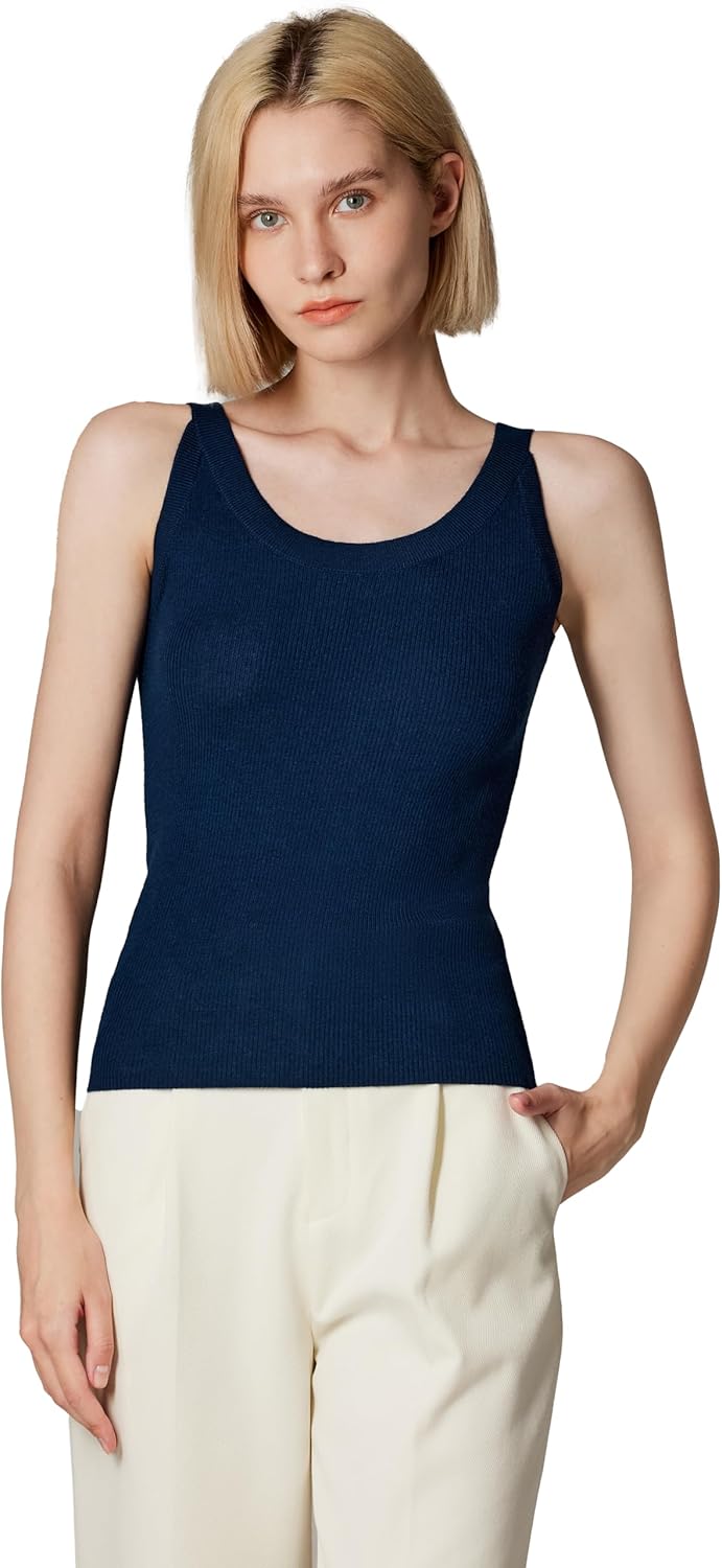 JENNIE LIU Women's Ribbed Sleeveless Scoop Neck Sweater | 75% Merino Wool 25% Silk | Ultra-Soft Machine-Washable Tank Top
