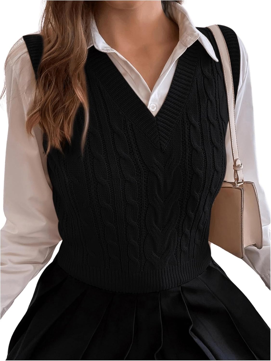 Milumia Women's Cable Knit V Neck Sweater Vest Sleeveless Ribbed Crop Tank Top