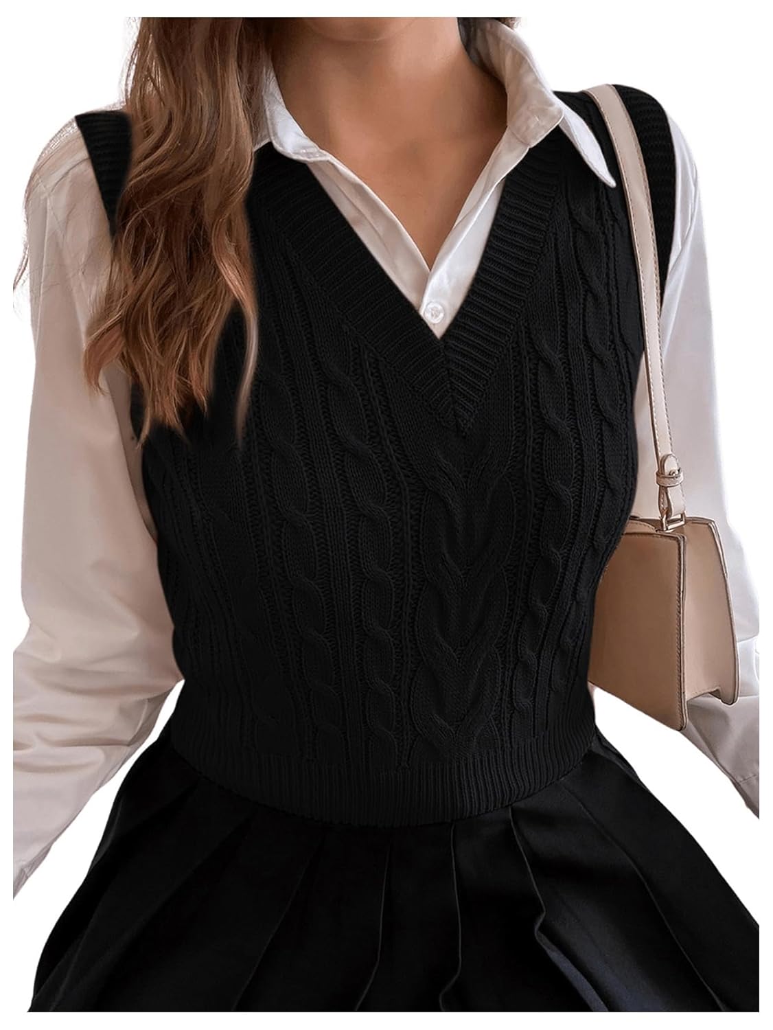 Milumia Womens Cable Knit V Neck Sweater Vest Sleeveless Ribbed Crop Tank Top