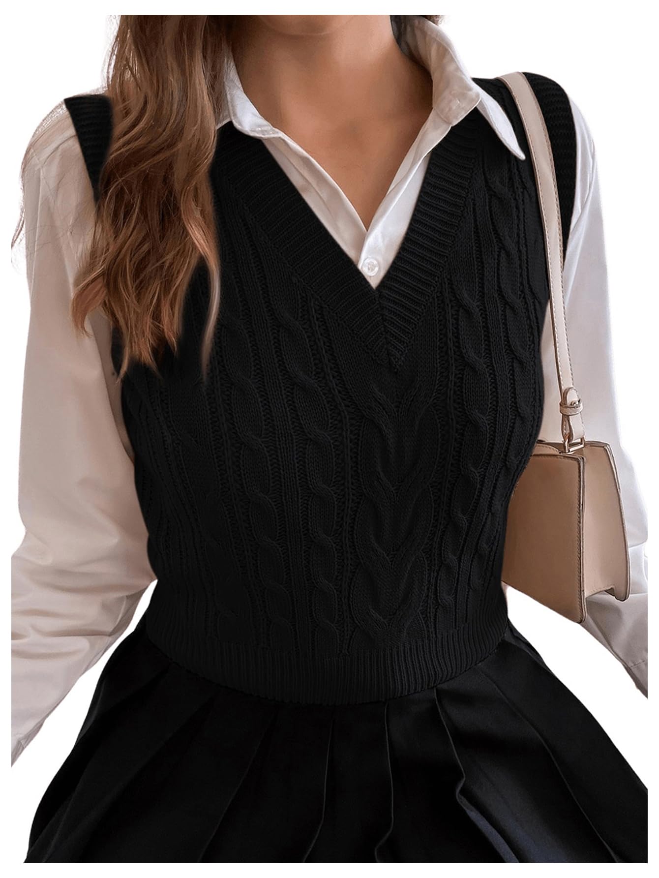 Milumia Womens Cable Knit V Neck Sweater Vest Sleeveless Ribbed Crop Tank Top