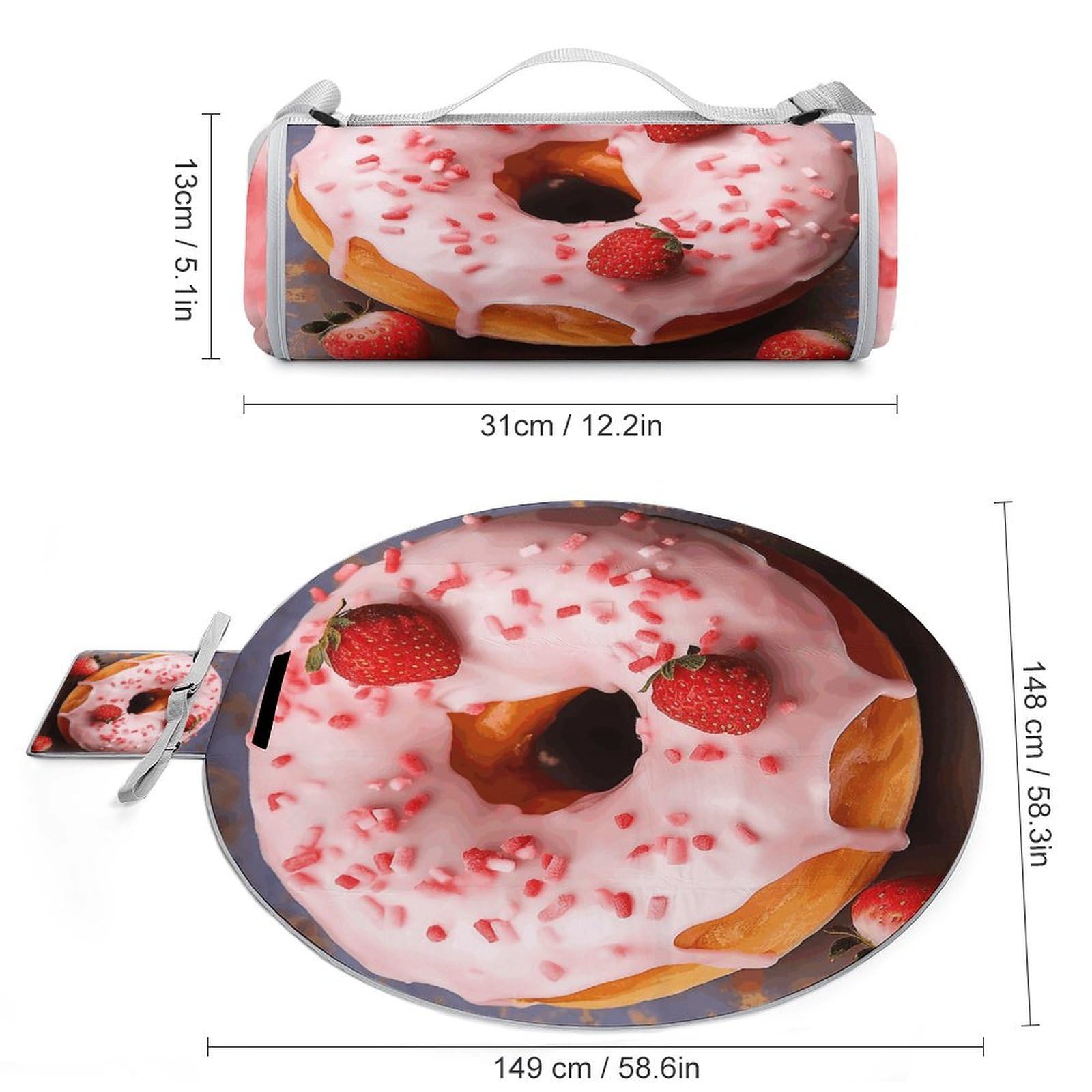Manta redonda plegable ligera para pícnic, diseño de rosquilla de fresa, impermeable, para exteriores, para primavera, verano, camping, parque, viajes, hierba