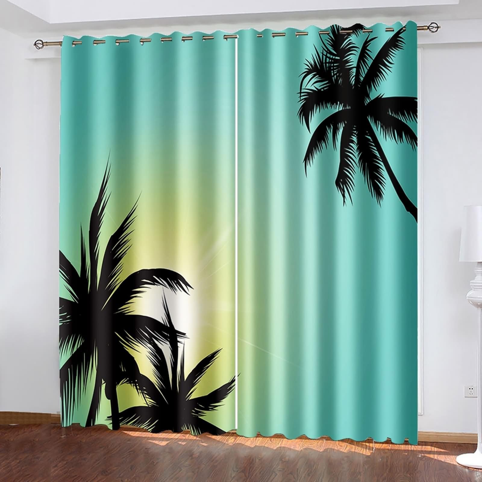Cortinas para dormitorio, cortina de salón pequeña ventana azul verde paisaje soleado de cocoteros poliéster juego de 2 488 x 274 cm