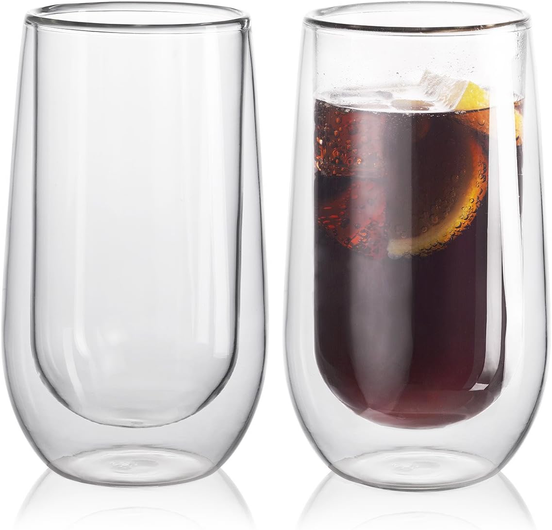 14oz Clear Strong Double Wall Insulated Glass Stemless Tumbler, Set of 2