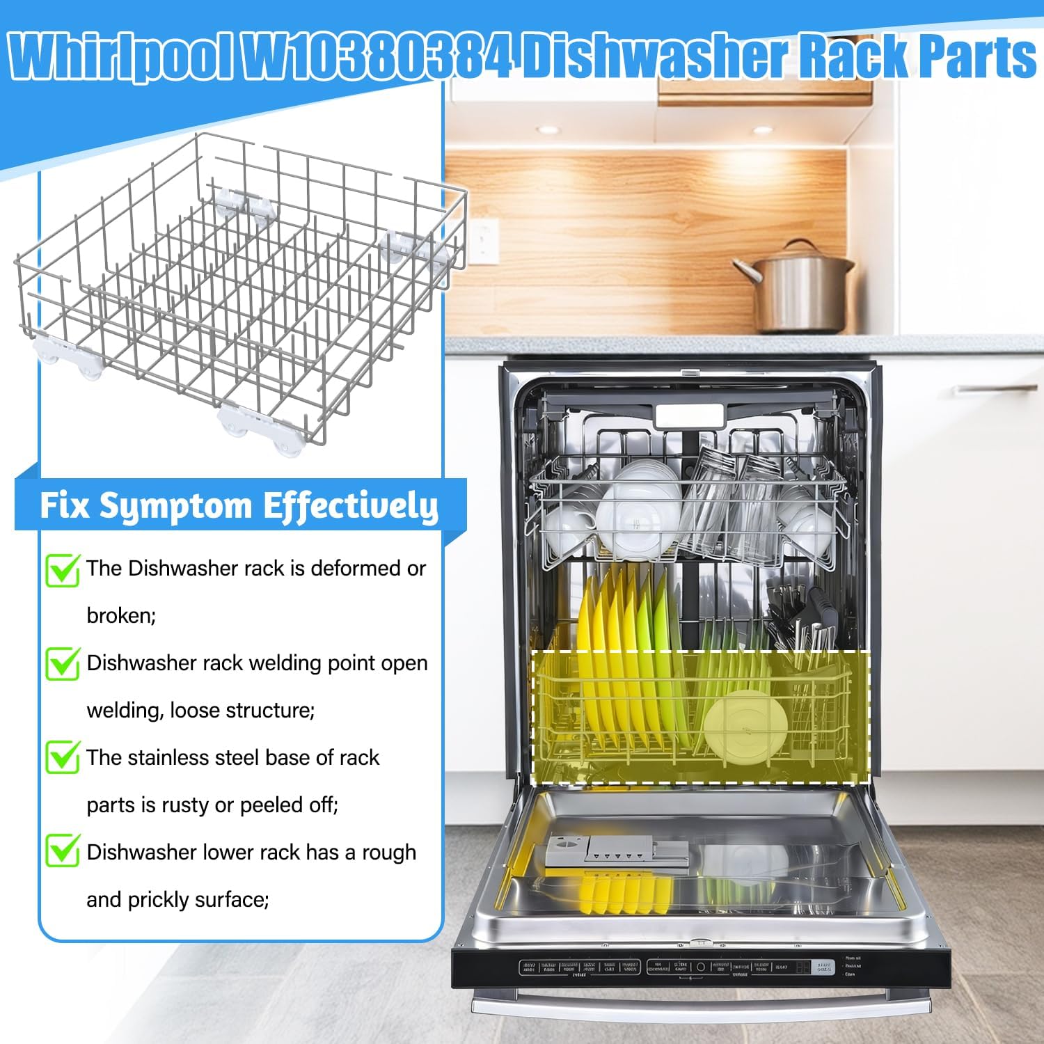 Upgrade W10311986 Dishwasher Lower Rack Replacement W10380384 Compatible with Whirlpool WDTA50SAHZ0 WDT750SAHZ0 WDT970SAHZ0 Dishwasher Parts,For Whirlpool W10380384 Bottom Dish Rack Assembly