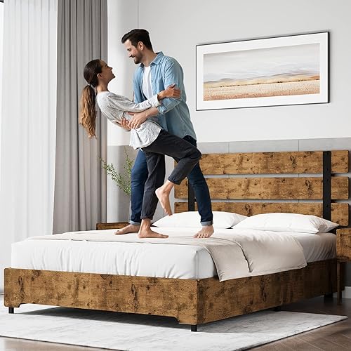 Miniatura 9 de Base de cama matrimonial con 4 cajones de almacenamiento, cabecera de madera rústica y plataforma de estribo con listones de madera fuertes y