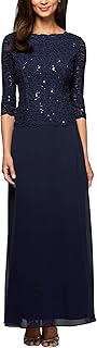 Women's 3/4 Sleeve Stretch Lace Bodice Mock One Piece Gown