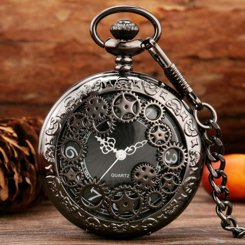 LIDCOM Antyczny miedziany steampunk vintage pusty brąz przekładnia pusty kwarcowy zegarek kieszonkowy naszyjnik wisiorek zegar łańcuszek męski damski prezent, E z łańcuszkiem 30 cm