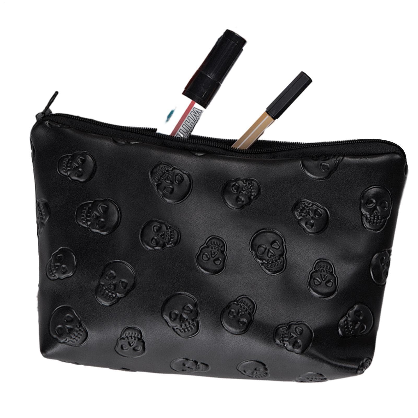 Travel Cosmetic Bag - Skull PU Leather Makeup Pouch For Toiletry Organizer Storage, Portable Soft Zippered Wash Case With Spacious Compartment For Jewelry Accessories, Durable Water Resistant Carry Ca