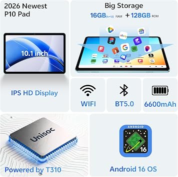 Tablet 10 inch, Android 16 Tablet, Gray | Octa-Core, 16GB RAM 128GB ROM, 1TB Expandable, 1280x800 IPS Touchscreen, GPS, 6600mAh, WiFi 6, BT 5.0, Dual Camera