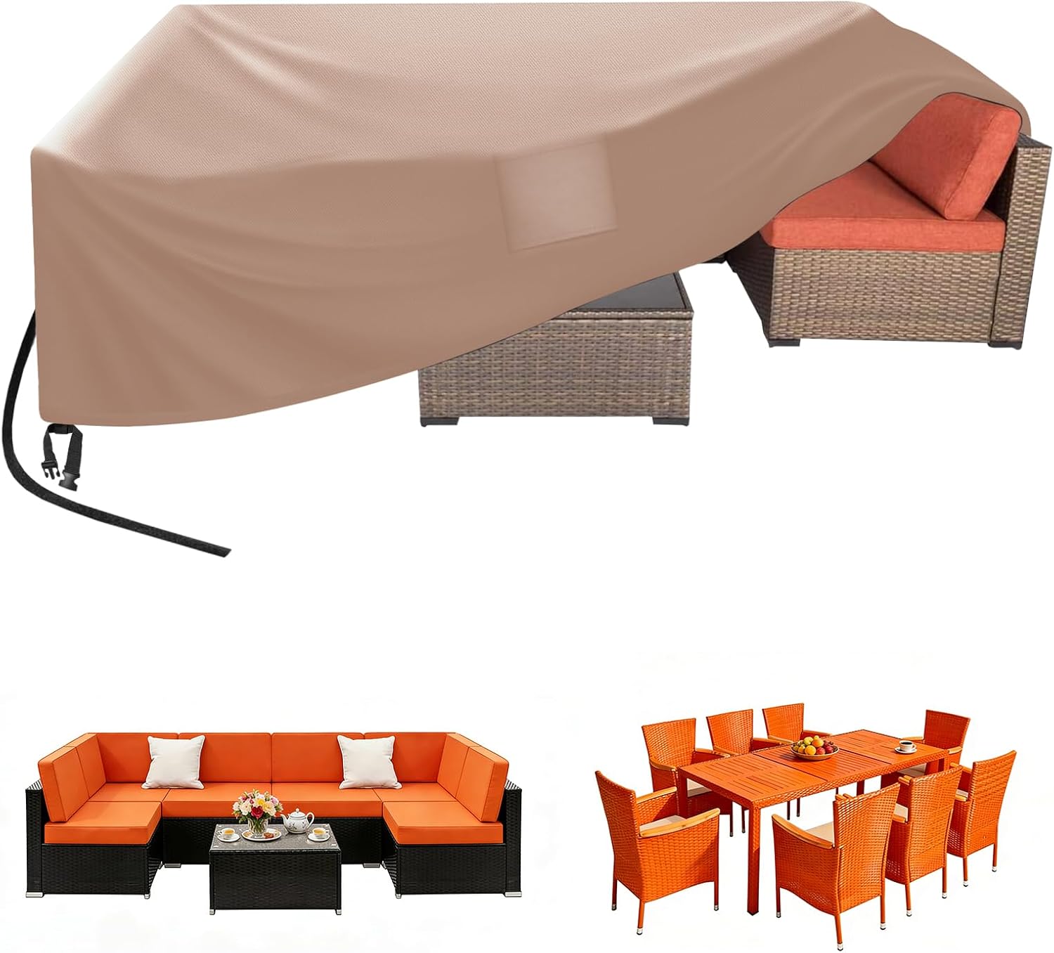 Rectangular Patio Table Cover, Waterproof, Khaki | Kovshuiwe Garden Furniture Covers for Shade and Rain Protection Fits Outdoor Dining Table and Chairs Furniture