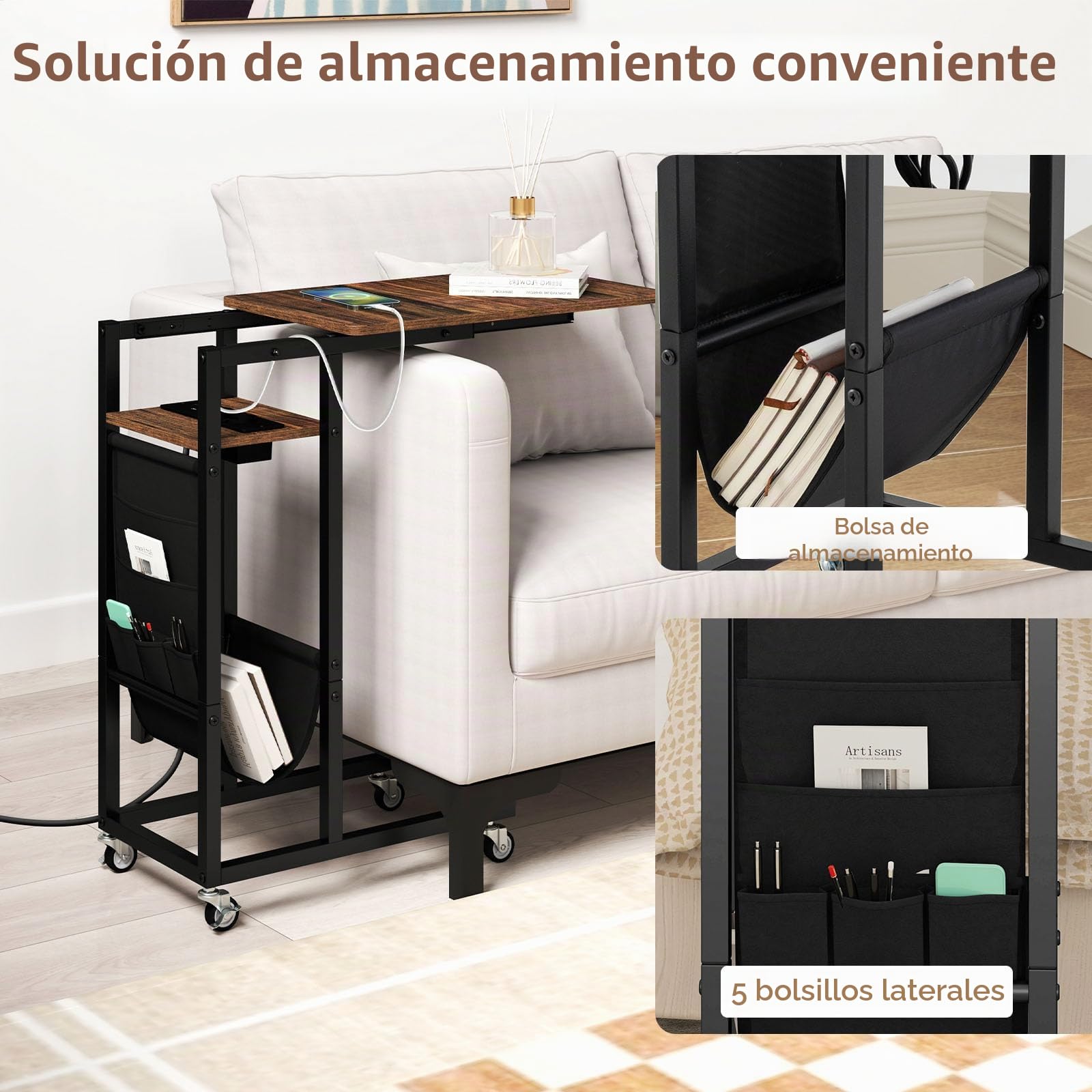 LIFEZEAL mesa Auxiliar con Enchufe, Almacenaje en Forma de C con Ruedas, Pequeña para Sofá, Portátil con Bolsillo Lateral, Salón, Dormitorio (Marrón)