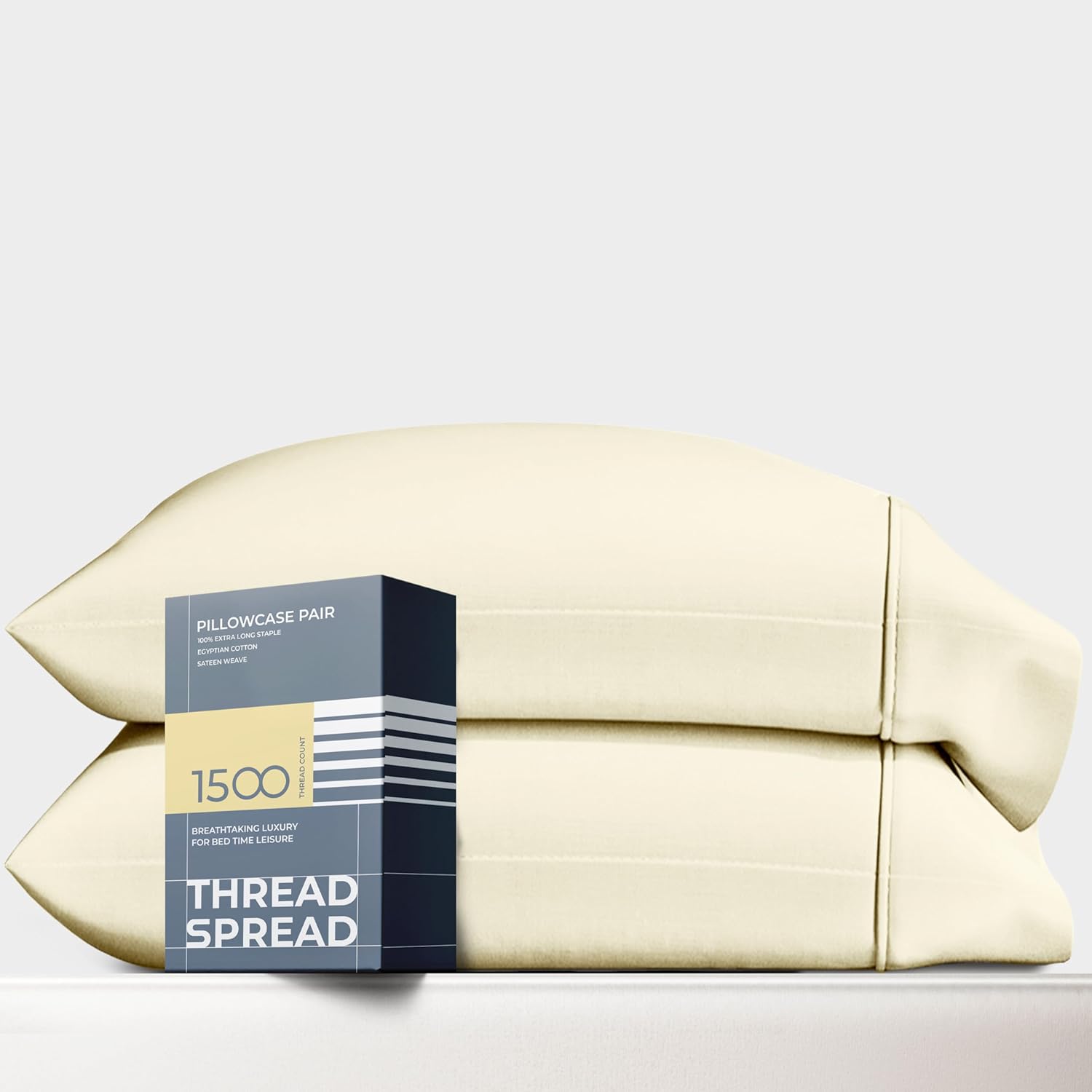 Thread Spread 100% Egyptian Cotton Pillow Cases Standard/Queen Size Set of 2 - Luxury 1500 Thread Count Sateen Ivory Pillow Cases, Silky Soft Cotton Pillowcases Fits Standard & Queen Size Pillows