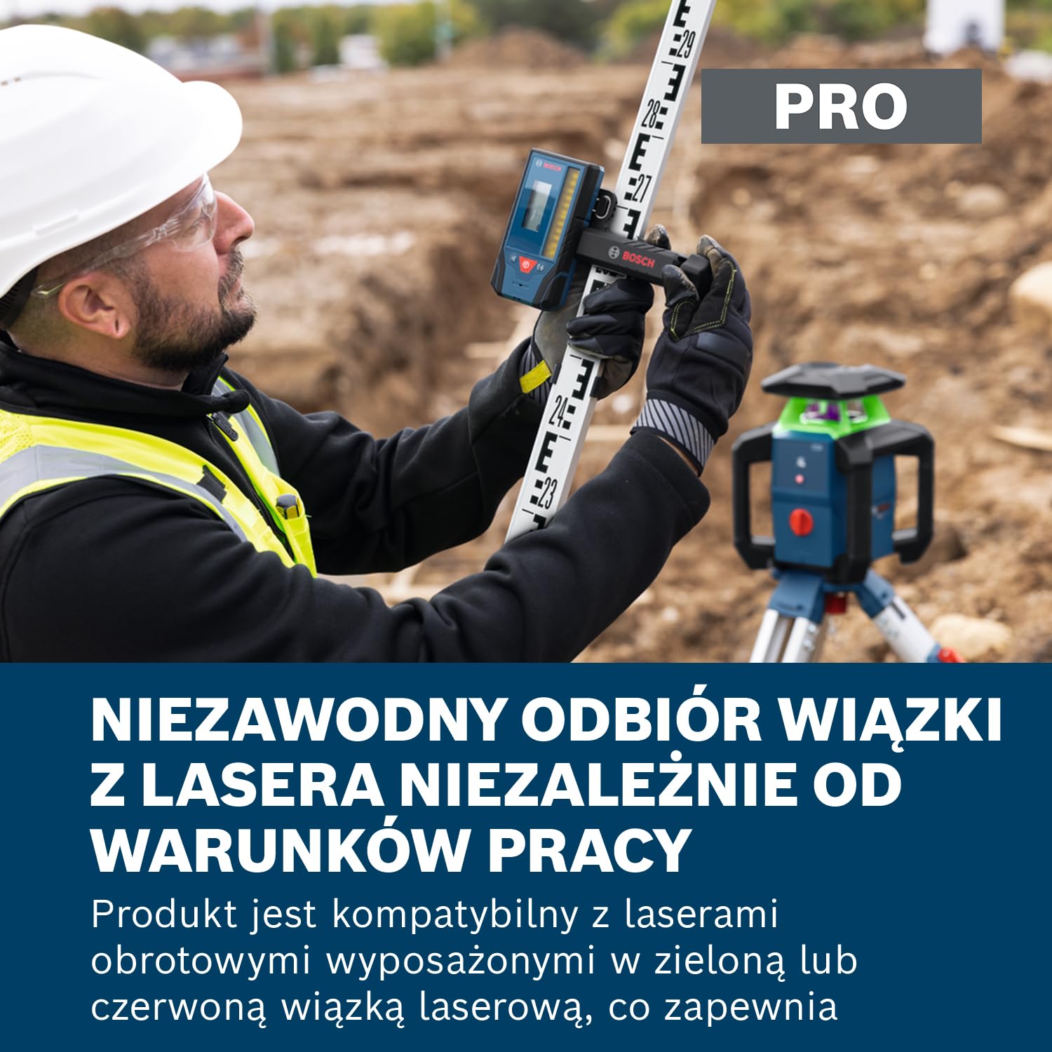 Bosch PRO Odbiornik Laserowy LR3-2 (obustronne elementy wskaźnikowe, pole odbioru 80 mm, kompatybilny z laserami obrotowymi wyposażonymi w zieloną lub czerwoną wiązką laserową, wbudowane magnesy)