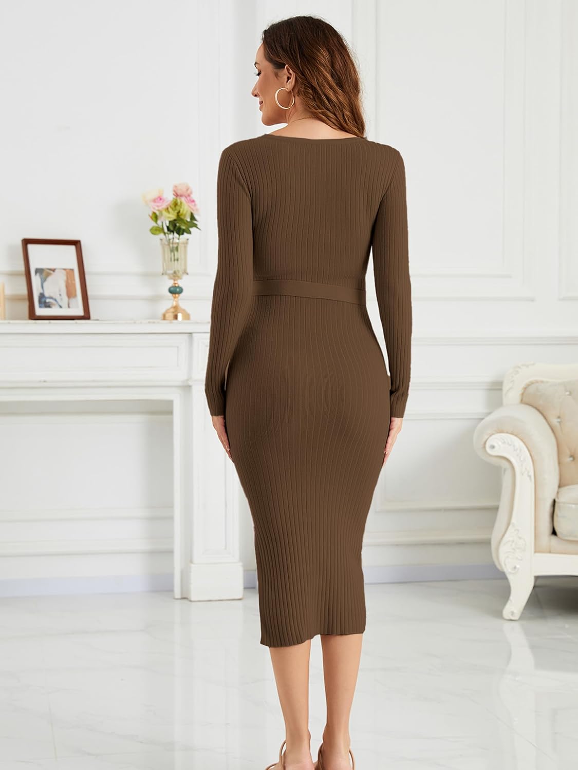 Ecavus Women's Winter Maternity Sweater Dress Long Sleeve V Neck Slim Fit Ribbed Knit Midi Bodycon Dresses with Belt