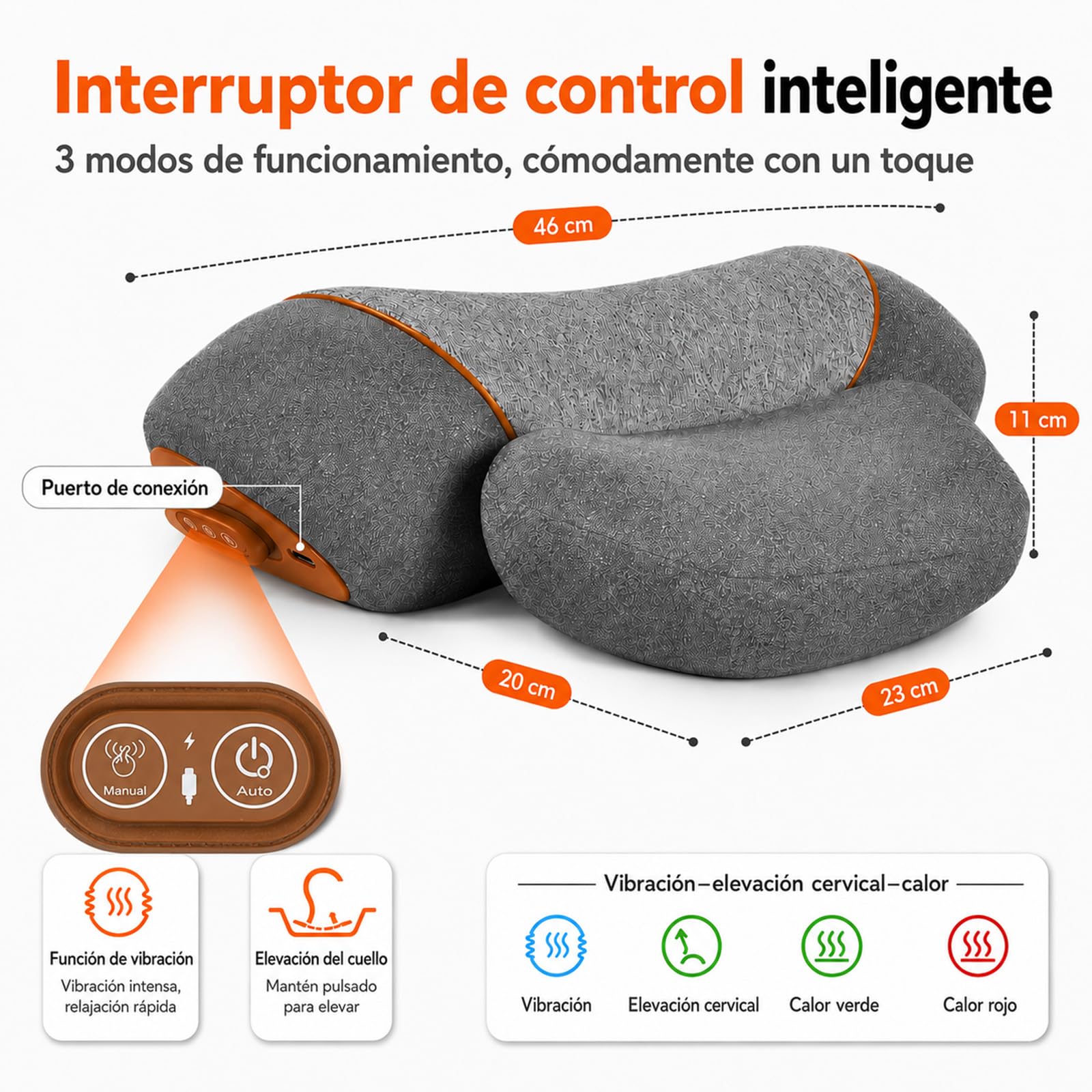 Cerviflex Almohada Cervical, Cerviflex Almohada Cervical Masaje 3 en 1, Masajeadora con Calor, Cervicales y Cuello con Vibración, Elevación Ajustable y 3 Modos (Gris)