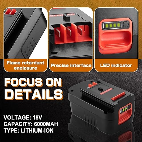 Miniatura 8 de Powilling Batería de litio HPB18 de 6.0Ah 18V compatible con Black and Decker HPB18 HPB18-OPE 244760-00 A1718 FS18FL FSB18 Firestorm Battery Black