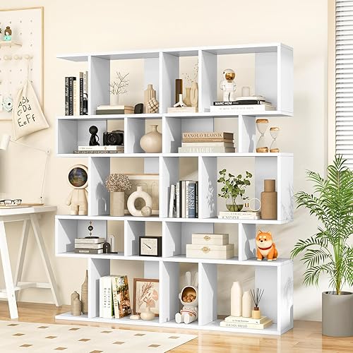 Miniatura 2 de Giantex Juego de 2 estanterías geométricas de 5 niveles, madera de 70 pulgadas de alto, estantes abiertos independientes con dispositivo antivuelco,