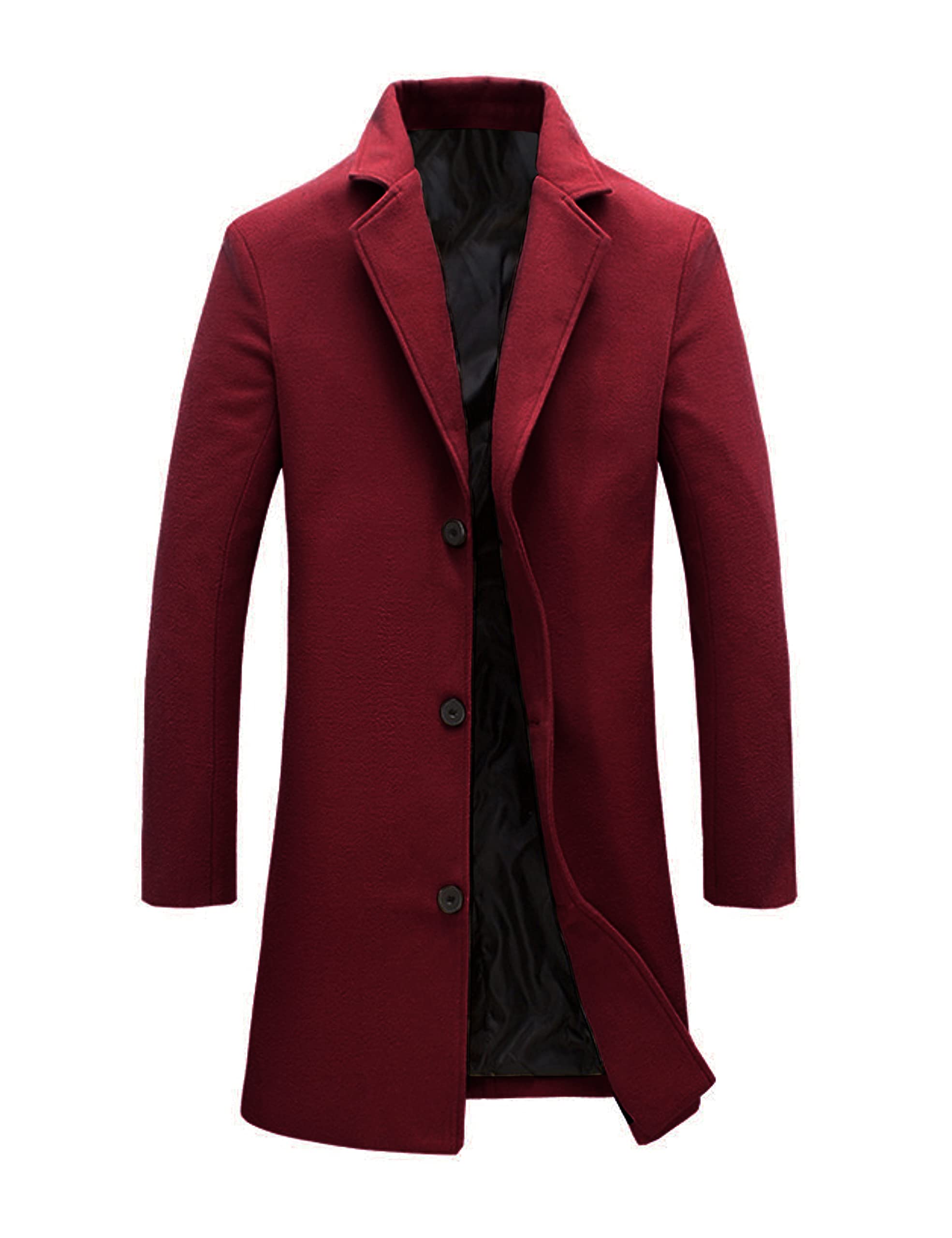 Tanming Mens Black Trench Coat Notched Lapel Single Breasted Long Peacoat Overcoat