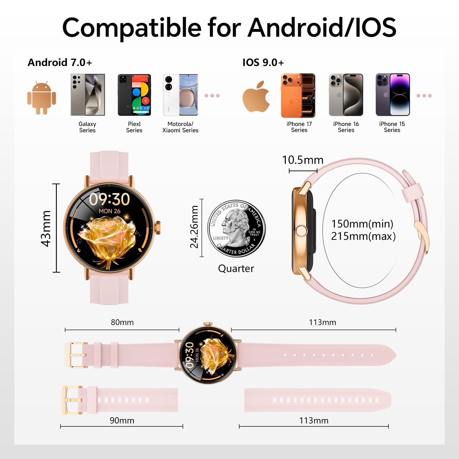 Smart Watches for Women,1.27" HD Fitness Tracker Answer/Make Call, Heart Rate/Sleep/SpO2，Round Smart Watch for iPhone/Samsung/Android,IP68 Waterproof，110+ Sport Mode-Pink(2 Bands)