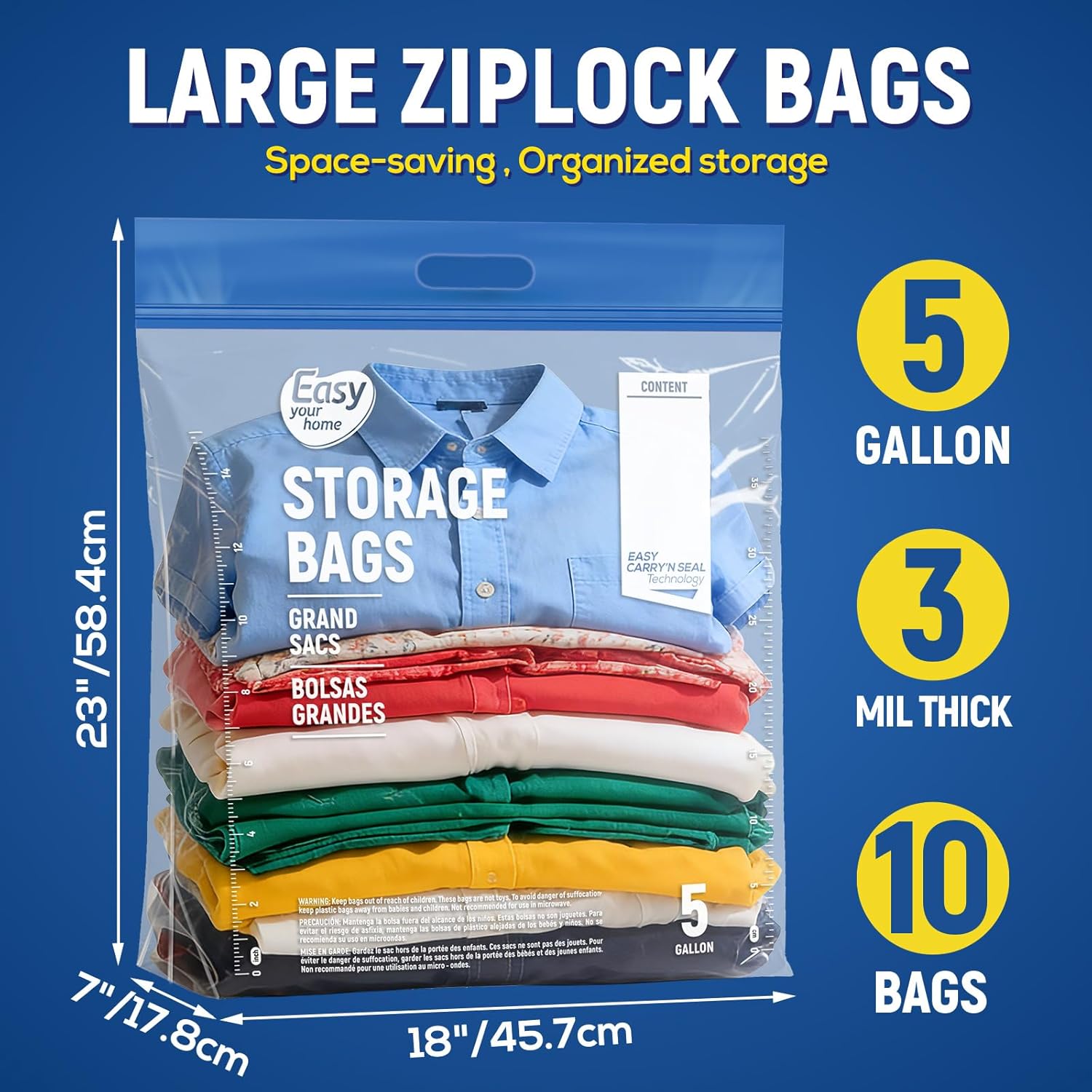 10PCS 5 Gallon Zipper Lock Plastic Bags with Handle and bottom,18"x23"+7",Extra Large Size Reusable Storage Bag with Double Zip for Clothing,Travel,Moving,Beach,BPA-Free,3-Mil Thick