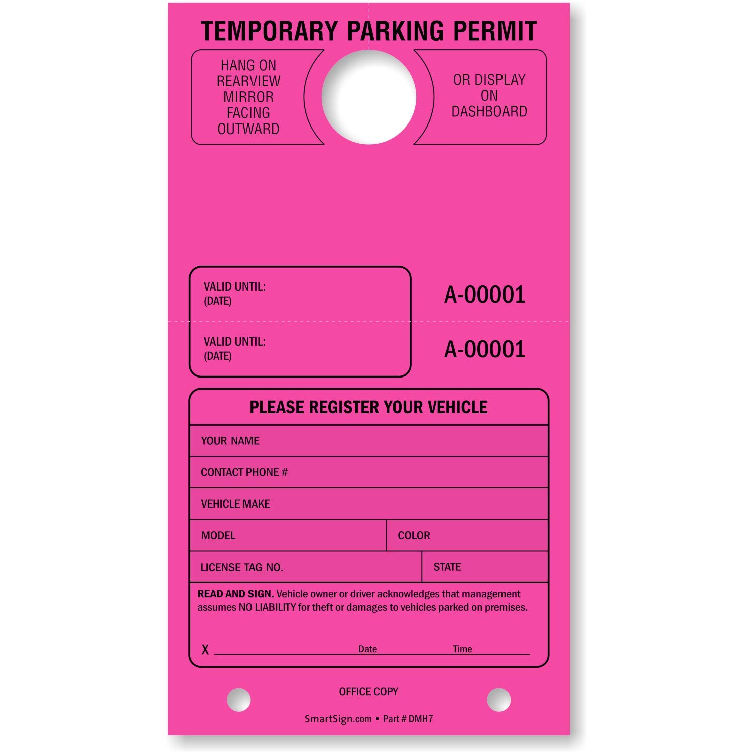 SmartSign “Temporary Parking Permit” Mirror Hang Tag | Pack of 50 | Fluorescent Pink | 7.75" x 4.25" Cardstock with Perforation Stub
