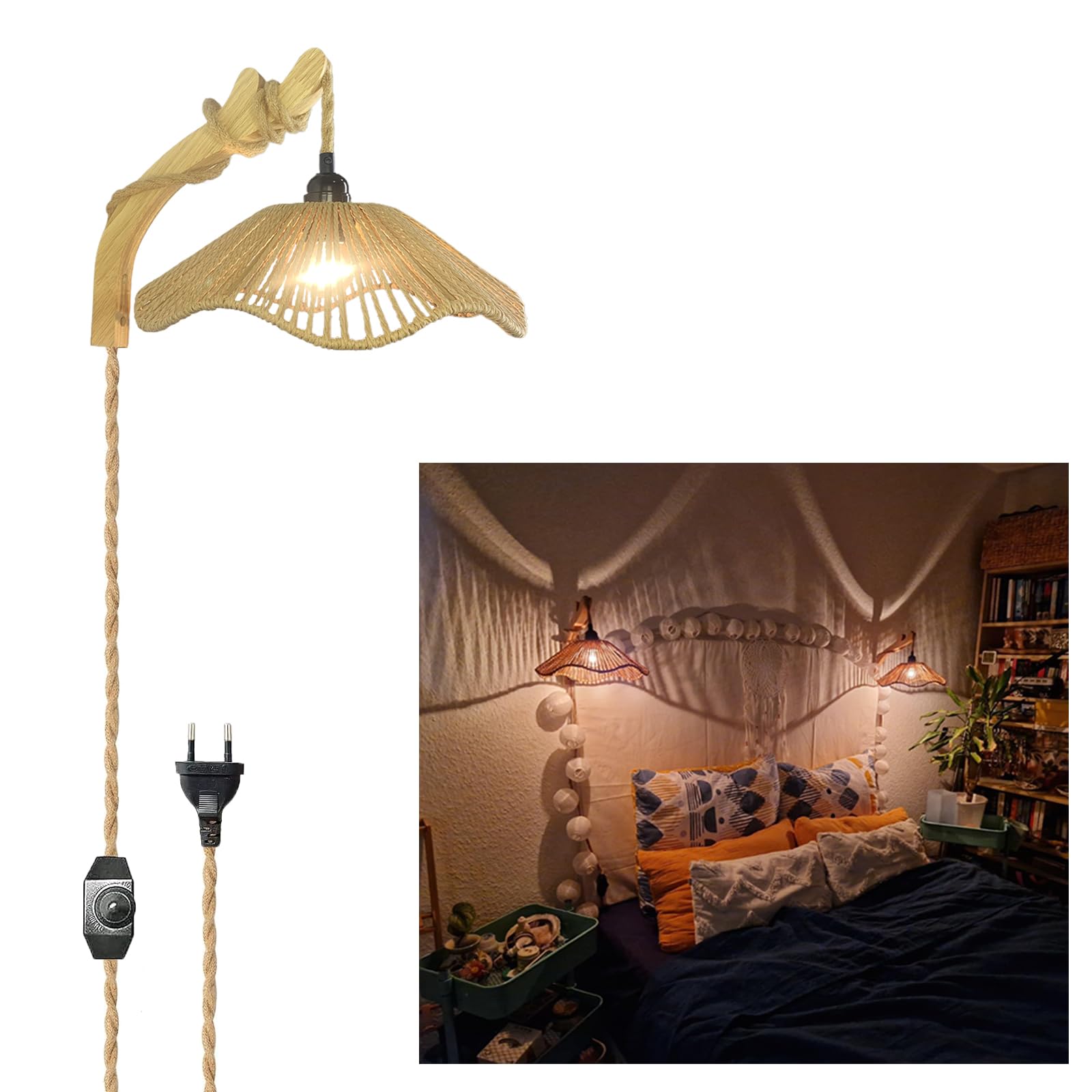 Aplique pared interior ratan madera lámpara dormitorio pasillo luz rústica E27 7