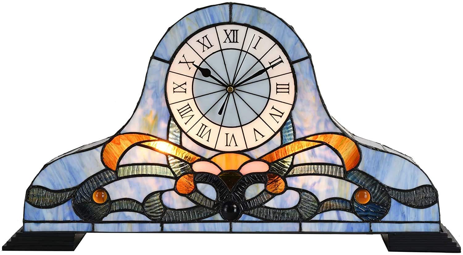 Reloj de escritorio de vitral azul Bieye L30661 estilo Tiffany con luz nocturna