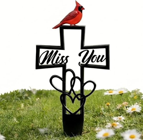 Metal Cemetery Memorial Plaque for Remembrance, Cardinal Memorial Grave Stakes Cross with Miss You Script & Heart Accent, Outdoor Ground Markers for Cemetery, Garden (1 PC) - 1