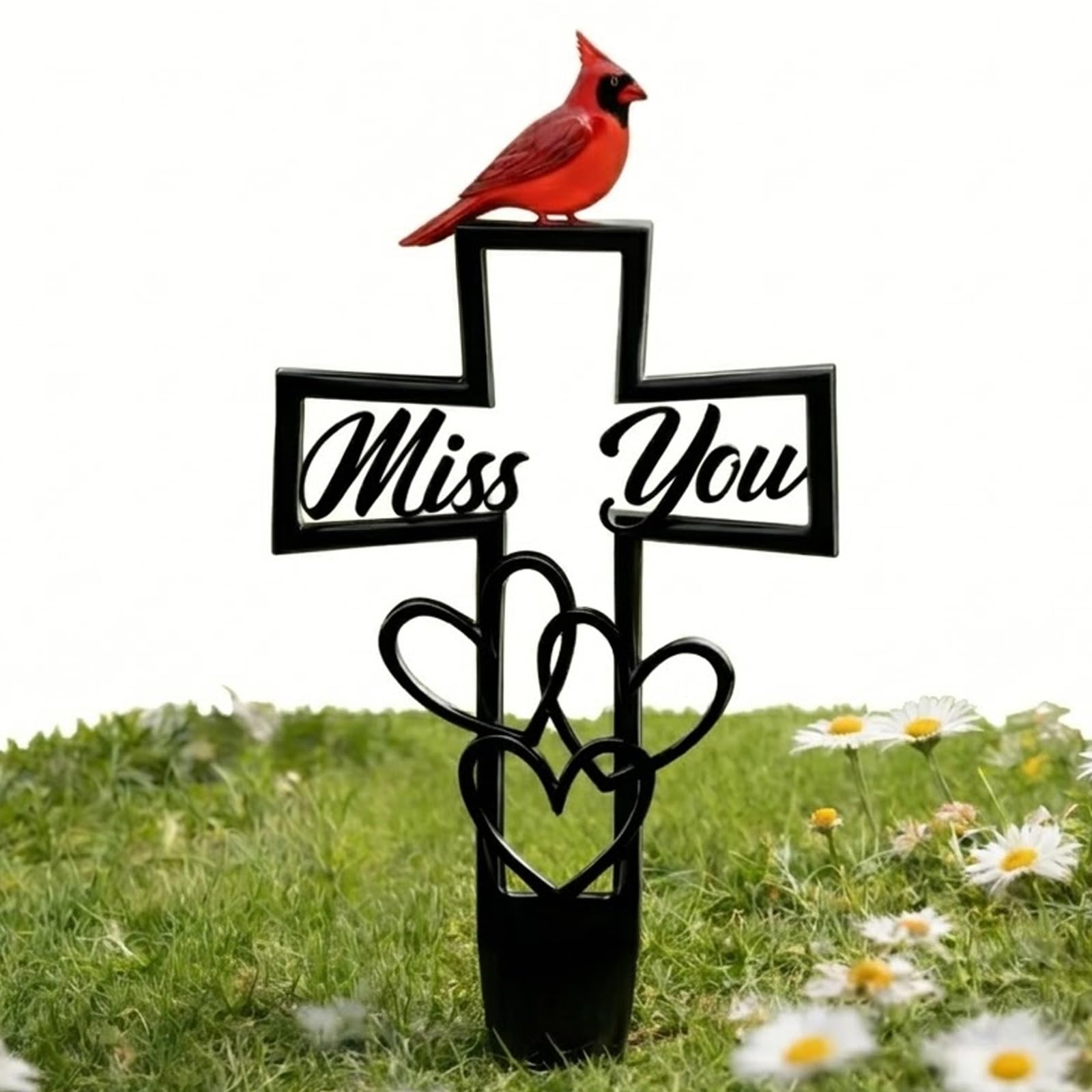 Metal Cemetery Memorial Plaque for Remembrance, Cardinal Memorial Grave Stakes Cross with Miss You Script & Heart Accent, Outdoor Ground Markers for Cemetery, Garden (1 PC)
