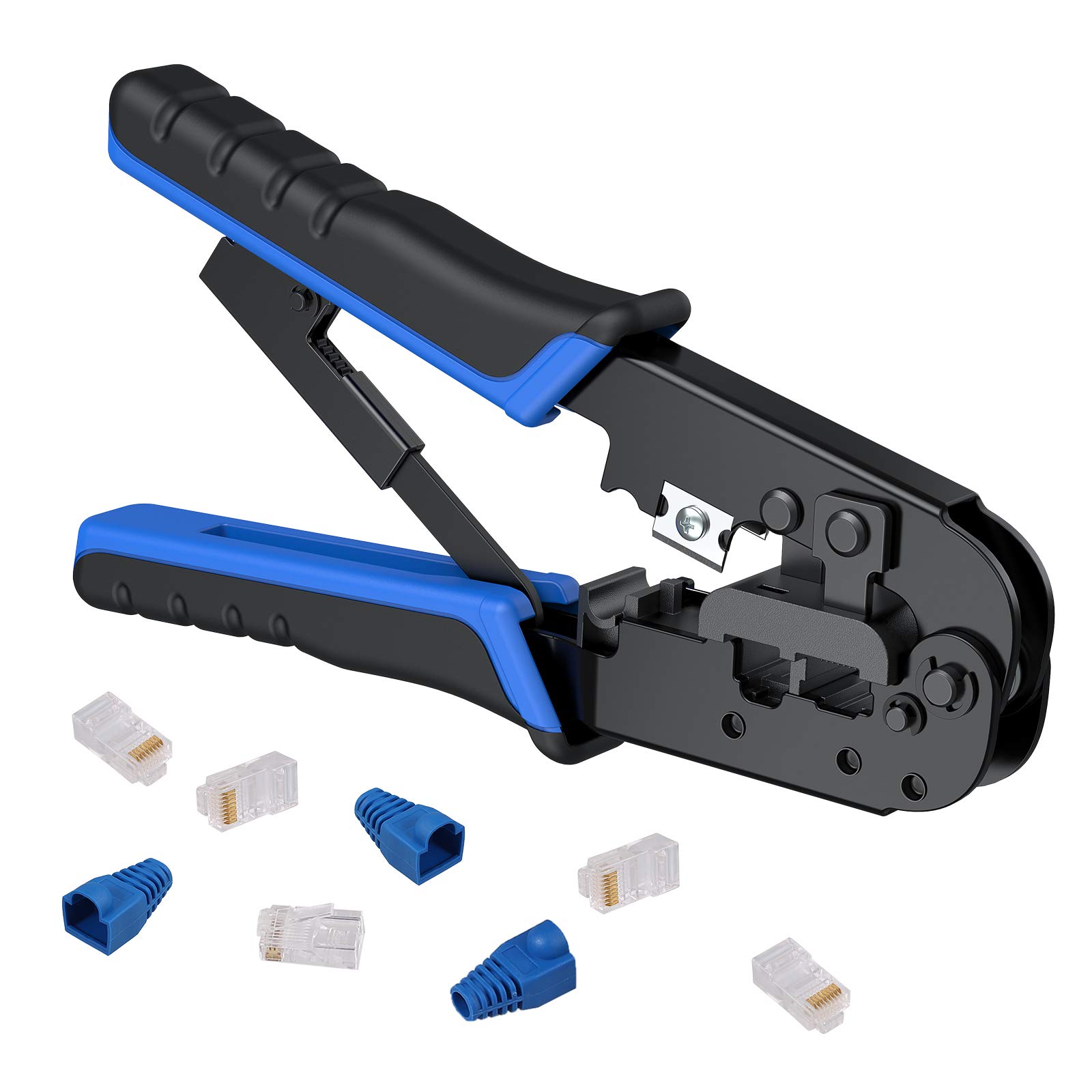Proster Strumento di Crimpatura RJ45 Cat5 Pinza Crimpatrice per Cavi e Rete Cat5e RJ-11 6P/RJ-12 8P/RJ-45 con Connettori Coperture Fascetta in Nylon Spellafili Cavo Rete