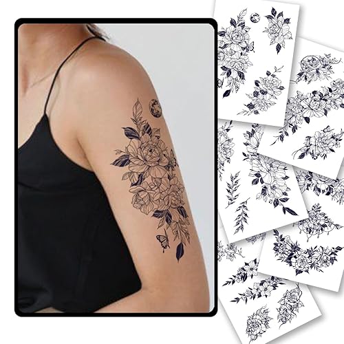 CHARLNET Flower Semi-Permanent Tattoos for Women - 2 Weeks Long Last Rose Fake Tattoos for Women Arm Body/Fades Naturally/No Reflection/Waterproof/Realistic