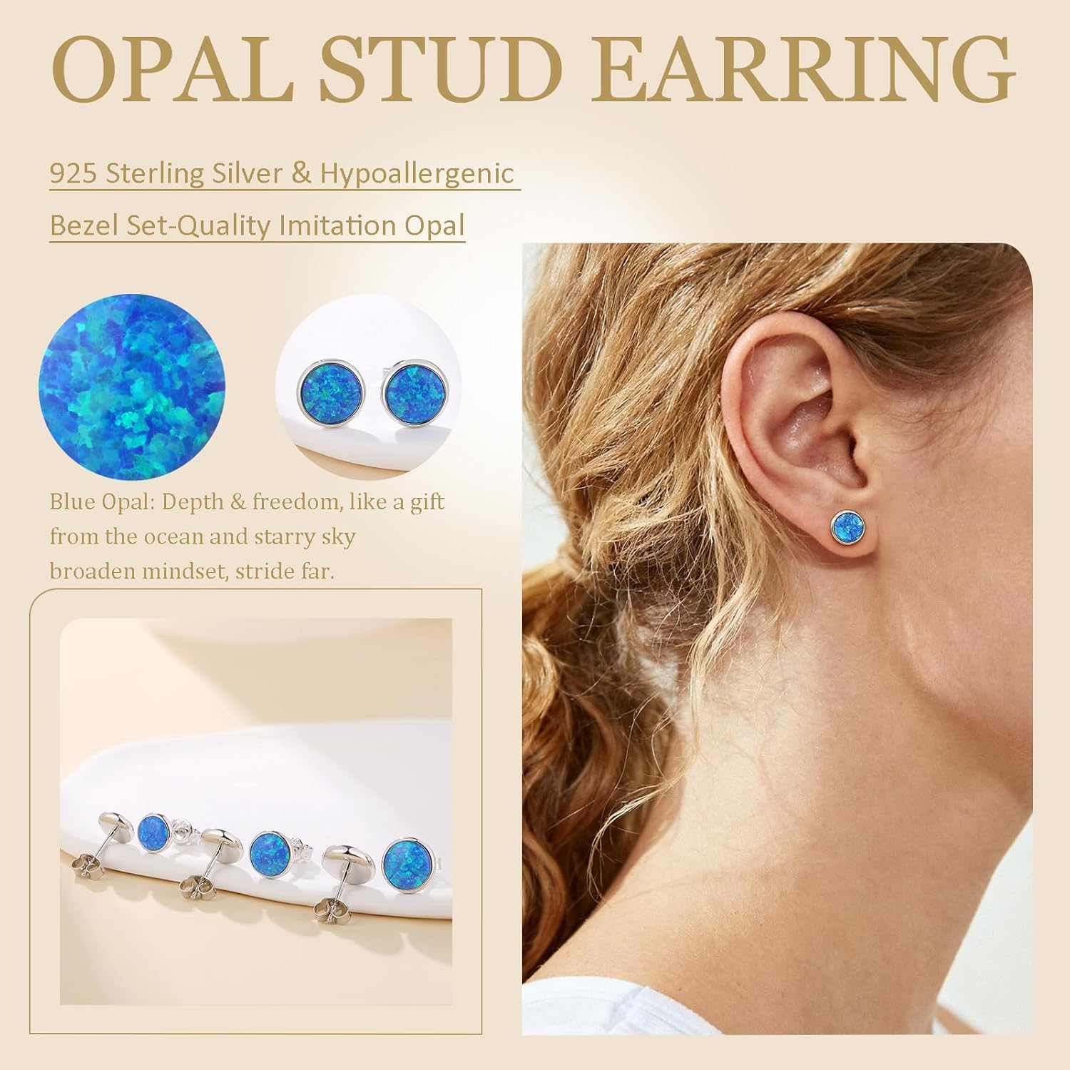 Opal Stud Earrings for Women Men, 925 Sterling Silver Hypoallergenic Earrings, Round & Oval Bezel Set Created Opal, Multi-Color Jewelry Gift (White/Red/Blue/Green) - Image 5