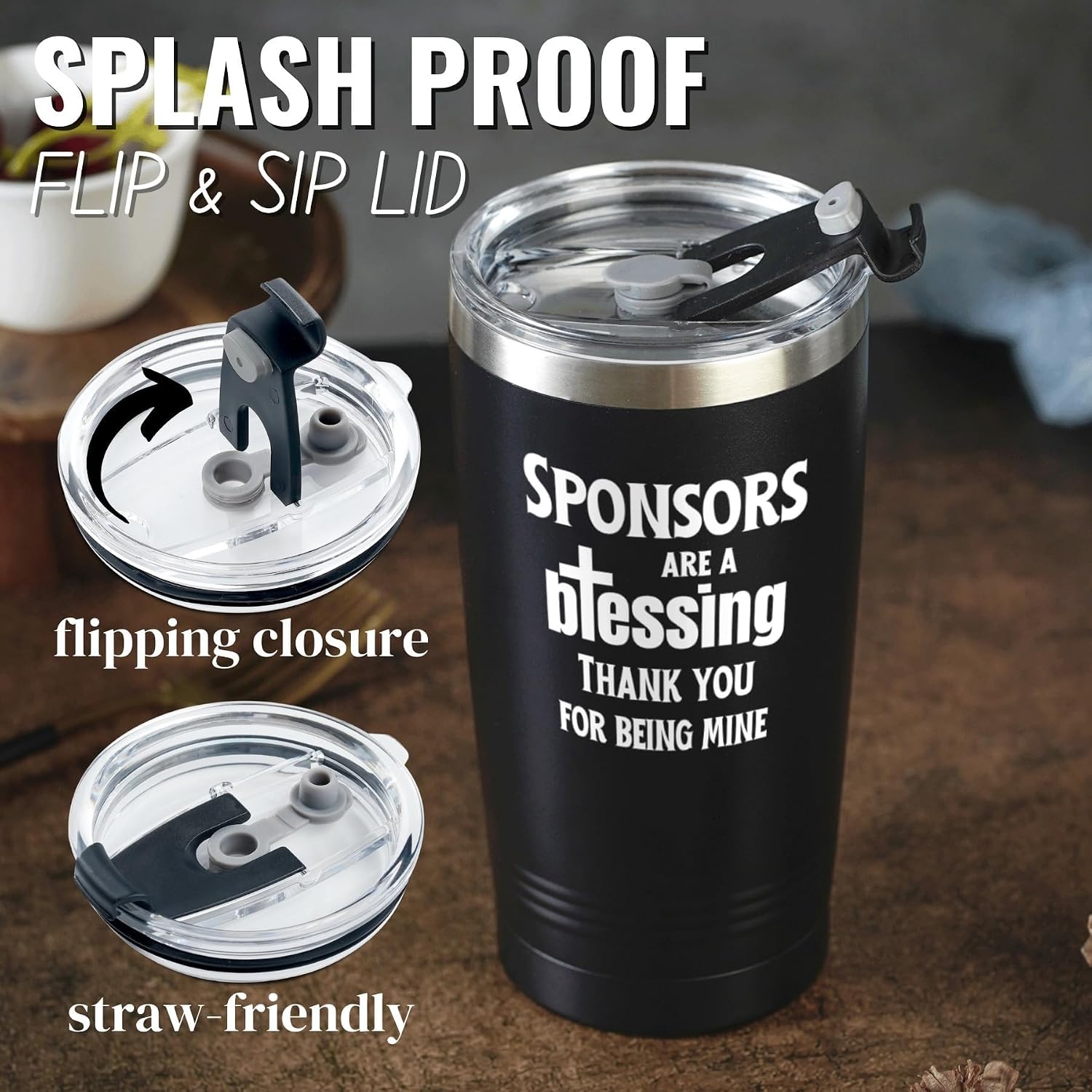 Onebttl Sponsor Gift Tumbler - 20oz Double Wall Vacuum Insulated Stainless Steel Cup with Lid, Confirmation Sponsor Gift for Men - Blessing Black, BSSPONSOR20OZTBLESSING01